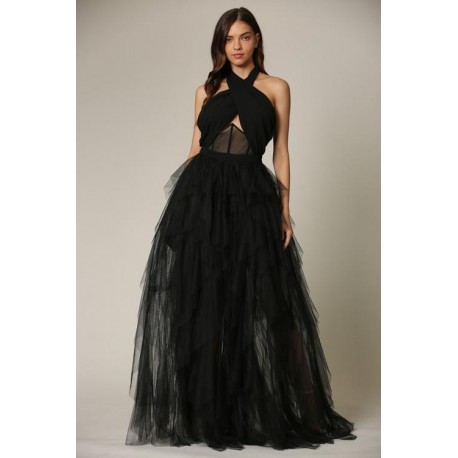 MAXI VESTIDO LUA CORSETTE HALTER TULLE NEGRO