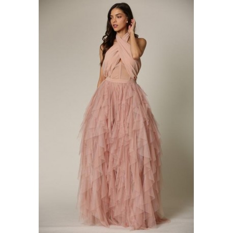 MAXI VESTIDO LUA CORSETTE HALTER TULLE ROSA