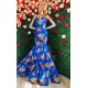 MAXI VESTIDO PROM STRAPLESS FLORAL AZUL.