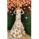 MAXI VESTIDO PROM STRAPLESS FLORAL BLANCO.