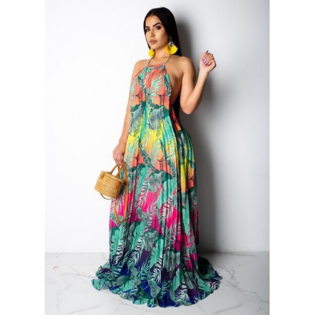 MAXI VESTIDO RAINBOW PALMERAS PLISADO.