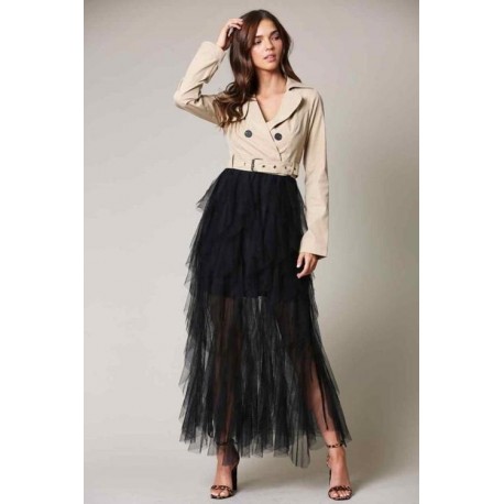 MAXI VESTIDO TULLE GABARDINA NUDE/NEGRO