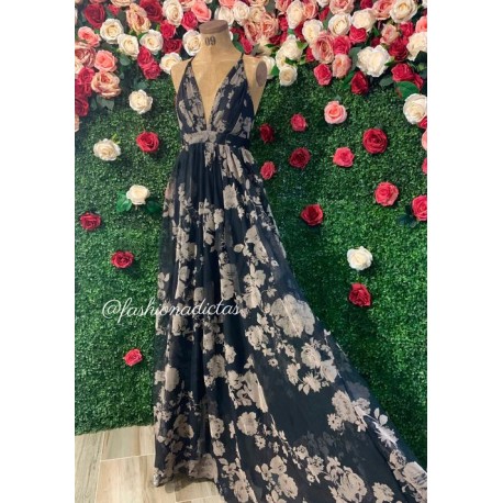 MAXI VESTIDO TULLE NEGRO FLORAL.