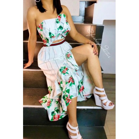 SET  FLORAL-RAYADO  RUFLE MOÑO