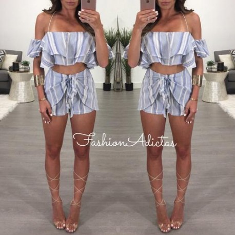 SET PALAZZO RUFLE RAYADO AZUL/BLANCO.