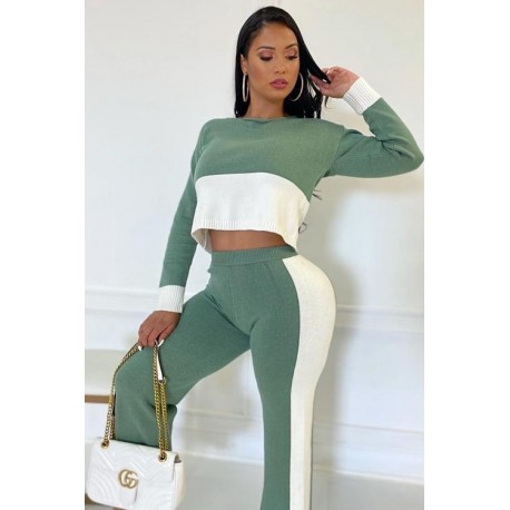 SET PANTS TEJIDO SAGE/BLANCO