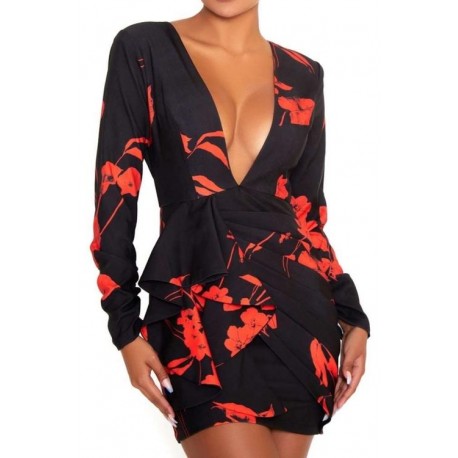 VESTIDO BIANCA FLORAL NEGRO ROJO