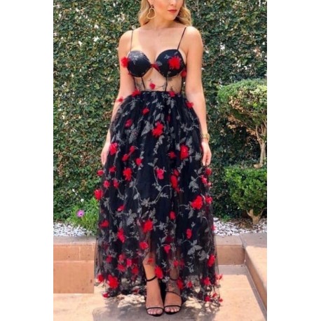 VESTIDO BLOSSOM NEGRO ROSAS BORDADO TULLE.