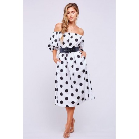VESTIDO DOTS MIDI SEMIHOMBROS.