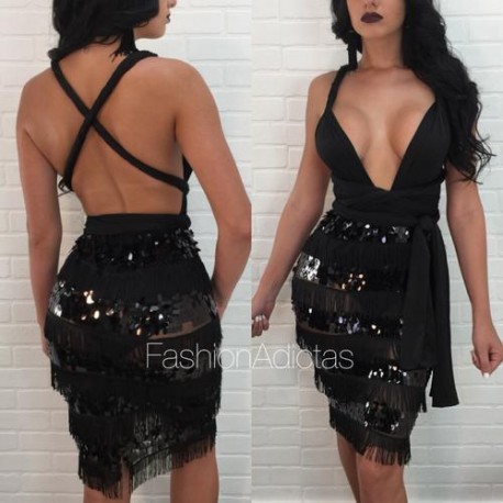 VESTIDO IRMA MULTIFORMA LENTEJUELAS NEGRO.