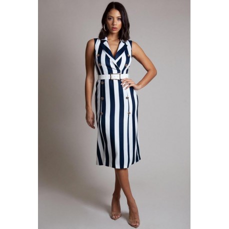 VESTIDO MIDI RAYADO BLANCO/ AZUL MARINO